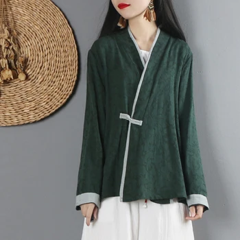 

2020 national trend women printing long sleeve v neck top basic pure cotton shirt chinese style plus shirt female hanfu elegant