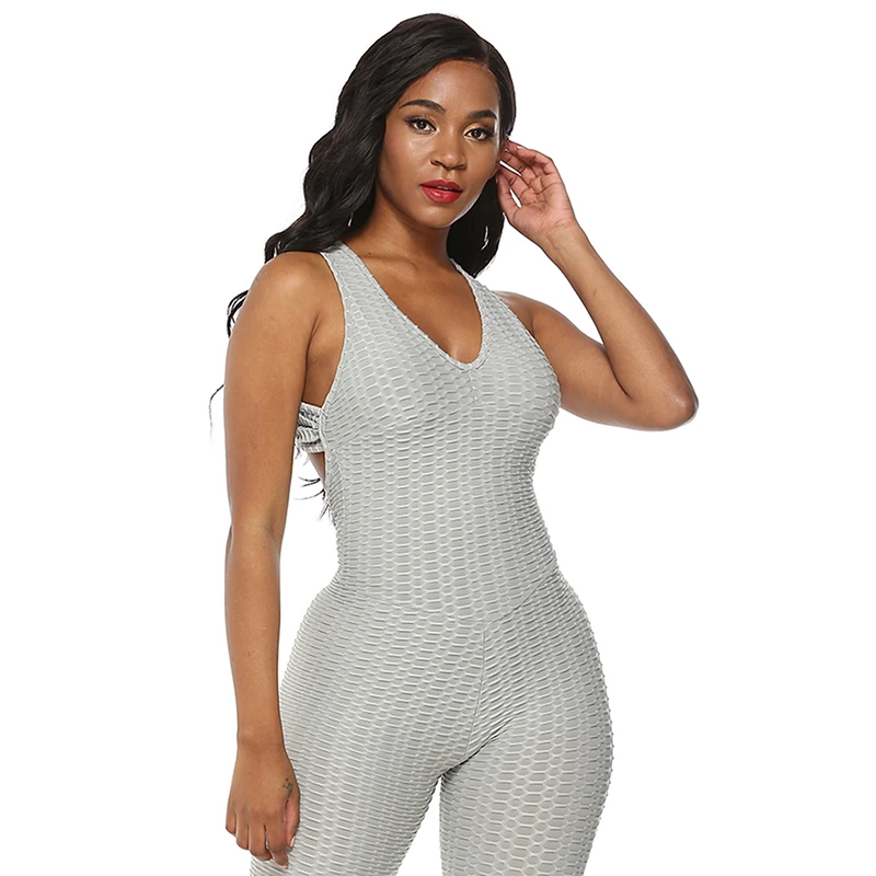 light gray IWUPARTY цельный розовый жаккардовый крест красота назад спортивный костюм Женская одежда для фитнеса спортивный костюм сексуальные тренировочные штаны комбинезон - Цвет: light gray