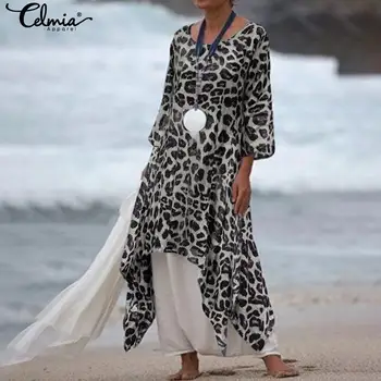 

Plus Size Shirt Dress Women Vintage Leopard Print Irregular Midi Dresses 2020 Celmia Female Casual Long Sleeve Pleated Vestidos