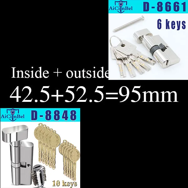 Европейский стандарт, дверной цилиндр, медный замок, цилиндр, внутренний, для спальни, гостиной, безопасная дверная ручка, латунный замок для ключей - Цвет: 95mm42.5add52.5