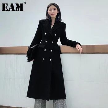 

[EAM] Loose Fit Black Double Breasted Elegant Long Woolen Coat Parkas New Long Sleeve Women Fashion Autumn Winter 2020 1DD0981