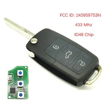 

Datong World Car Remote Key For VW Volkswagen FCC ID 1K0959753N 433 Mhz ID 48 Chip Auto Smart Remote Control Replace Flip Key