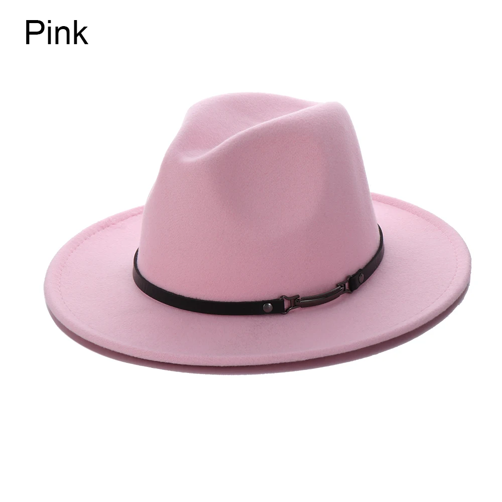 pink 1 шт. осенне-зимние фетровые шляпы-фетры, шляпа с широкими полями, ковбойская шляпа с пряжкой на ремне, Панама для мужчин и женщин, модная винтажная джазовая шляпа - Цвет: pink