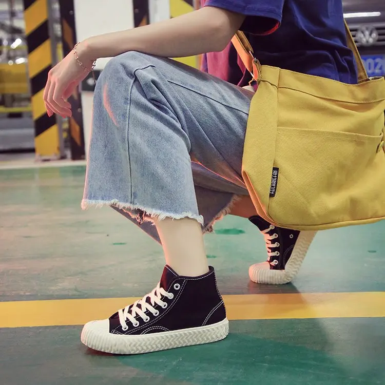 

White Shoes Women's 2019 Summer Hight-top Thick Bottomed Canvas Shoe Versatile Breathable Sneakers Korean-style Students WOMEN'S