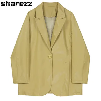 

sharezz spring 2020 motorcycle Loose Fit Yellow Pu Leather jacket Big Size blazer New Lapel Long Sleeve Women Coat Fashion Tide