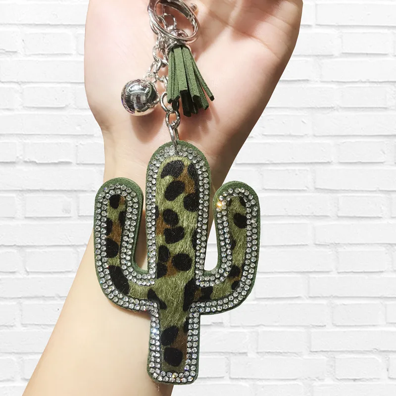 Растительный Брелок с подвеской кактус кожаный брелок для ключей с кисточкой женская серебряная цепь модная Автомобильная сумка Подвеска подарок ткань Стразы основа брелки - Цвет: Зеленый