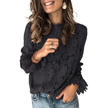 

Women's Lace Cutout Long Sleeve Top Fashion Casual Hollow-out Half Turtleneck Blouse Solid Color