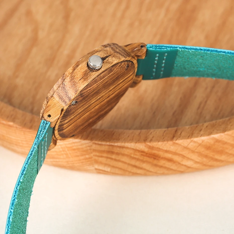 Turquoise Blue Women's Quartz Wooden Watch with Leather Band - Modern Bamboo Fashion Timepiece