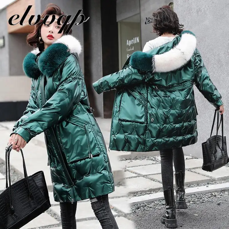 

New 2020 Big Imitate Fur Hooded Jacket White Duck Down Coat Long Down Parkas Thick Warm Snow Outwear Female Puffer Jackets