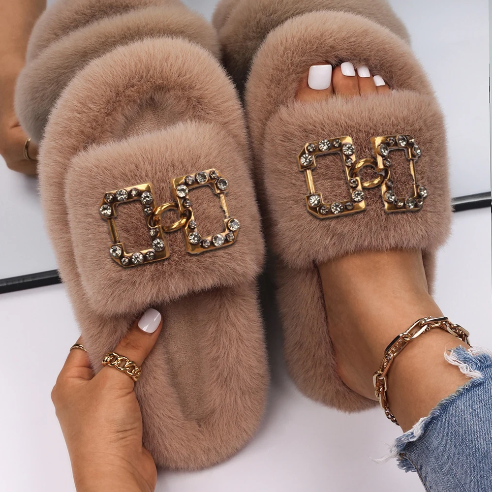 Furry Slippers Women Luxury Square Buckle Faux Fur Slides Fluffy Flip Flops Platform Fashion Slippers Fur Sandals Female Shoes