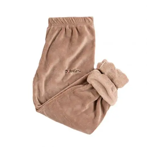 Мода Досуг Леди сплошной цвет эластичный пояс лодыжки галстук теплый коралловый флис пижамы брюки - Цвет: Coffee
