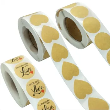 

500pcs/pack Roll LOVE stickers heart/round shaped cowhide blank sticker label Kraft paper 25*25mm