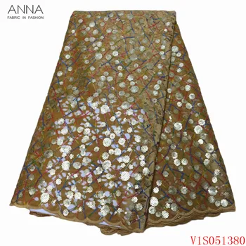 

Anna yellow velvet embroidery fabric african mesh lace 5 yards/pcs french net laces sequins fabrics for women party dress,sewing