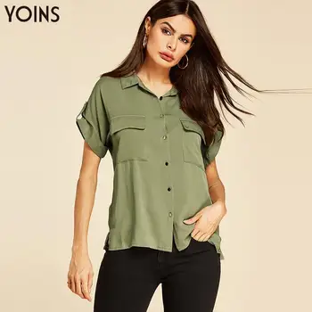

YOINS 2020 Summer Elegant Cotton Short Sleeve Blouse Women Casual Stylish Lapel Collar Button Side Pockets Shirt Blusas Femme