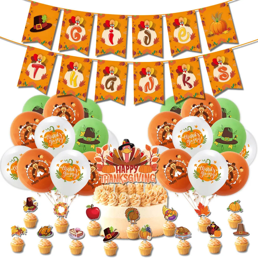 

Thanksgiving Theme Party Supplies Give Thanks Banner Pumpkin Printed Latex Balloons Turkey Cake Topper Thanksgiving Party Favors