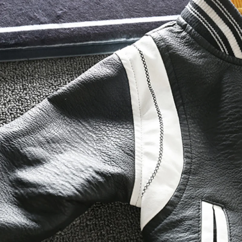Fashion Baby Boy PU Leather Baseball Jacket Spring Autumn Toddler Kids Thick Faux Leather Coat Sport Outwear Clothes 1-7Y