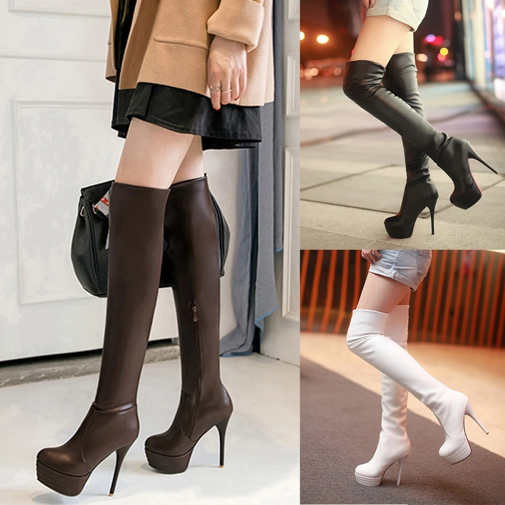 De talla grande, 34 43, de las mujeres botas de invierno con plataforma zapatos del redondo por encima la rodilla botas negro Otoño Invierno de alta del muslo