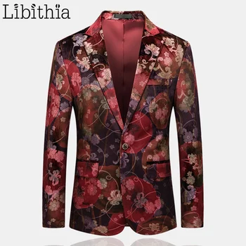 

Men Floral Fashion Casual Blazers One Button Jackets Plus Size M-6XL One Split Luxury Clothes Male Red A117