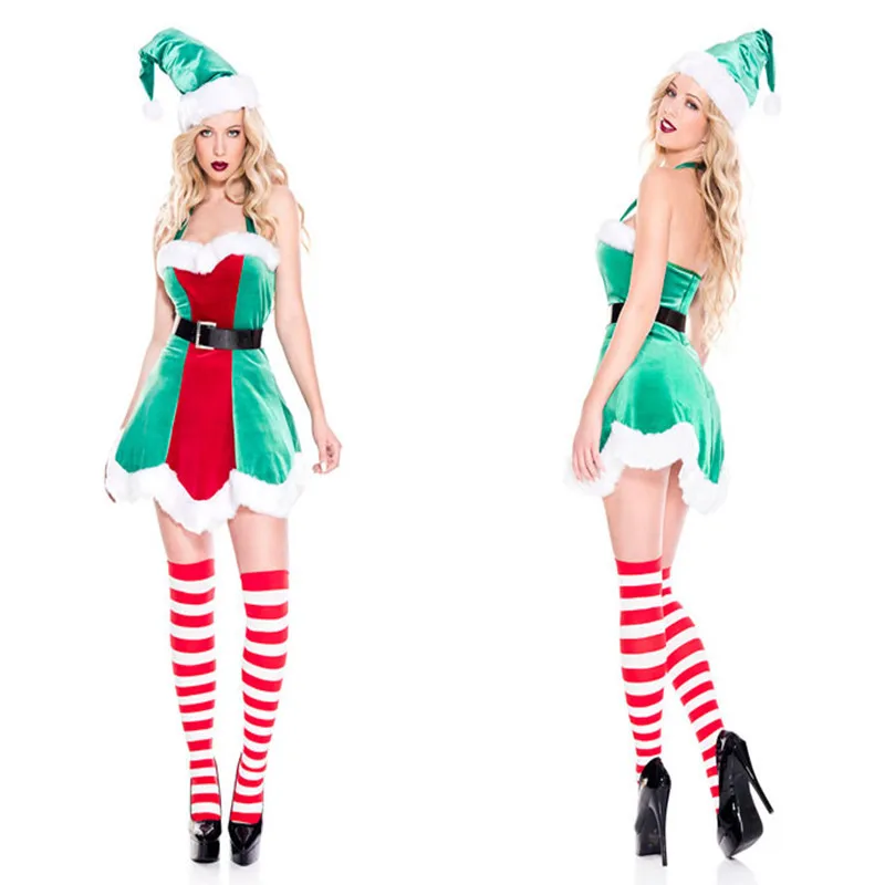 

Europe And America Christmas WOMEN'S Dress Cute Green Full Body Dress Christmas Girl Character Play Stage Party Costume