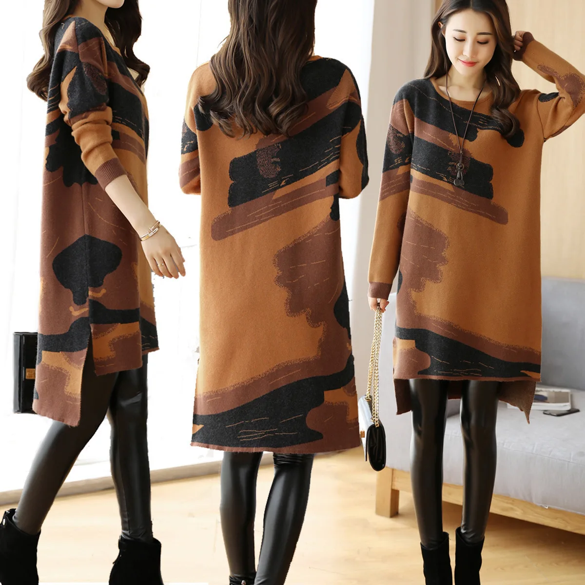 

2019 Autumn And Winter New Style Korean-style Mid-length Printed Hoodie Dress Women's Brushed And Thick Front Short Long Back Sl