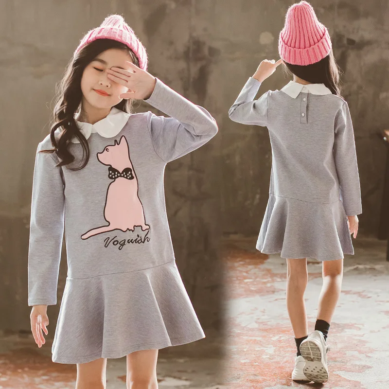 Осеннее платье для девочек коллекция года, осенний костюм принцессы с рисунком кота корейское зимнее платье с длинными рукавами для девочек-подростков, костюм для детей возрастом от 4 до 14 лет