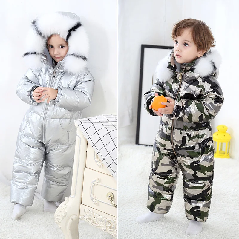 

Baby Down Coverall Winter Infant Baby Snowsuits Toddler Sliver White Romper Thickening Warm Children Jumpsuits With Real Fox Fur