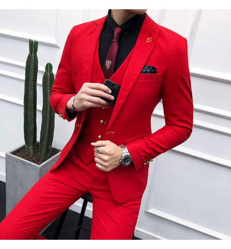 Red Розовые мужские костюмы, новинка, пальто, брюки, 3 шт, костюмы для мужчин, высокое качество, приталенный, для свадьбы, вечеринки, смокинг, мужской костюм, Ternos - Цвет: Red