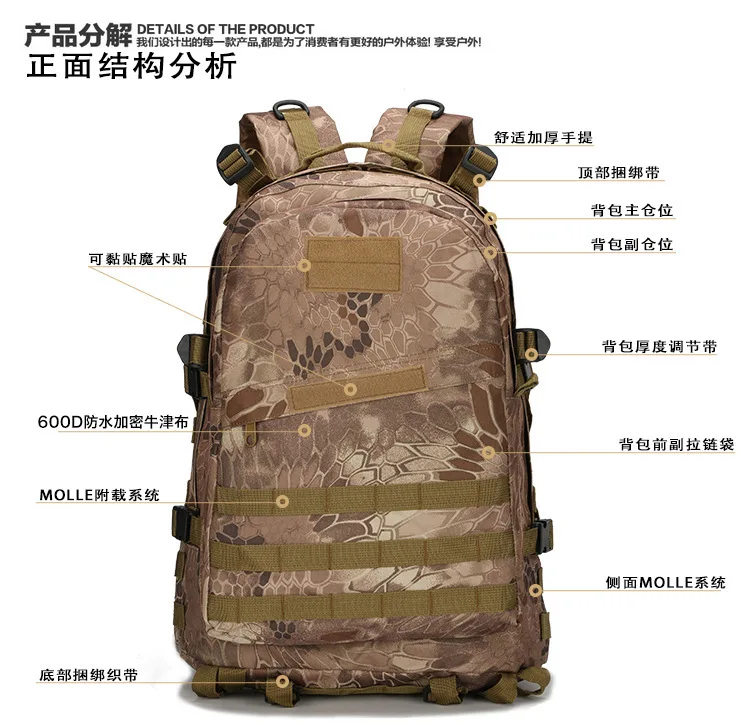 Outdoor Sports Hiking Bag 3D Waterproof Rucksack Travel Backpack Camouflage Army Fans Tactical Bag Portable Commando Pack