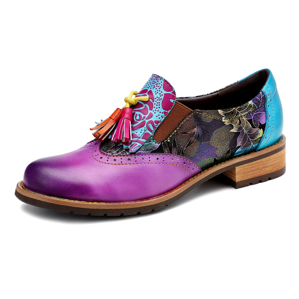 Роскошная дизайнерская обувь для женщин; оксфорды; обувь на плоской подошве с круглым носком; обувь с перфорацией типа «броги»; женская обувь без застежки из натуральной кожи; zapatos mujer - Цвет: Фиолетовый