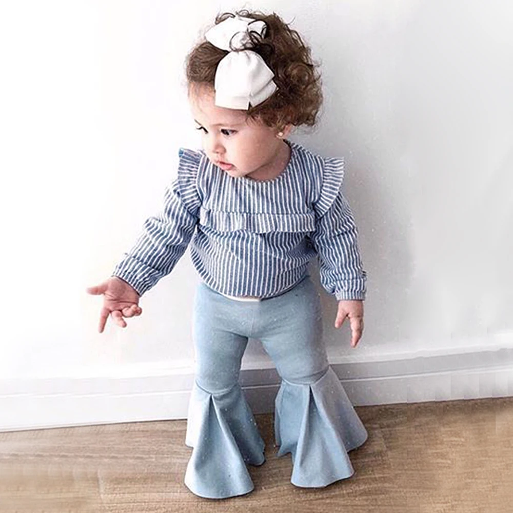 CYSINCOS 2020 New Toddler Baby Girls Clothes Kids Striped Fly-Sleeve Top Bell Flared Flannel Pants Spring Fashion Clothing Set