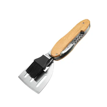 

Cooking Foldable 4 In 1 Kitchen Spatula BBQ Grilling Tools Set Stainless Steel Portable Multifunctional Barbecue Brush Camping