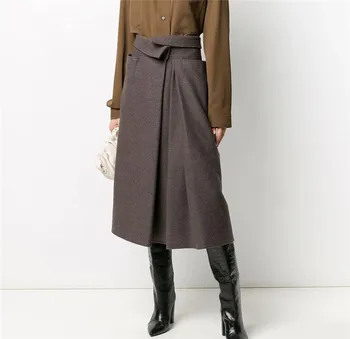 

2020 Autumn Winter Fashion Woolen Cloth Waist Cuffed Design Pleated Irregular Skirts for Women