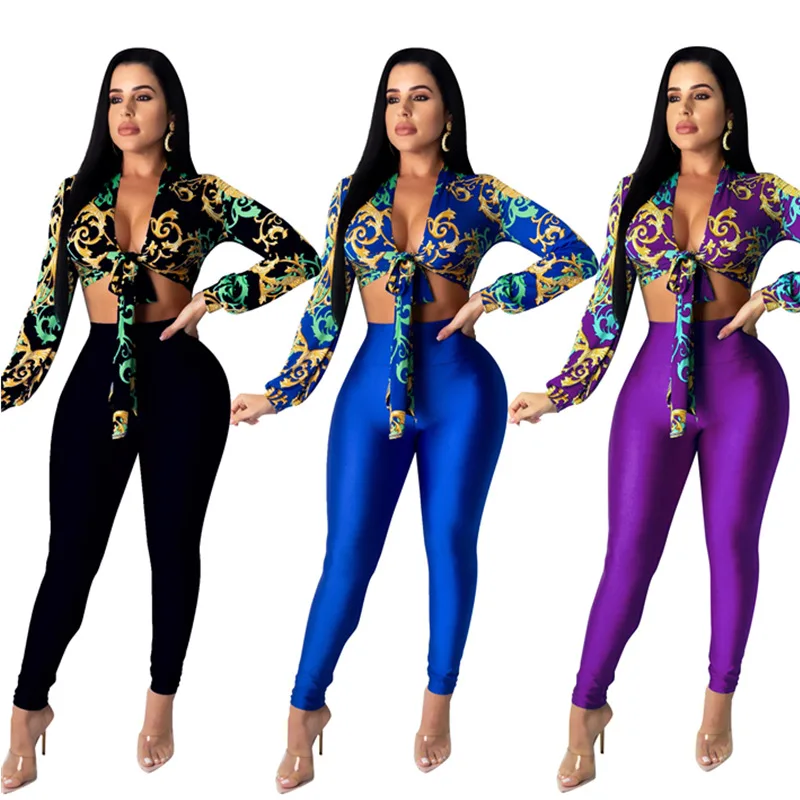 

Womens Casual Printed Bandage Cardigan Crop Top and Pant