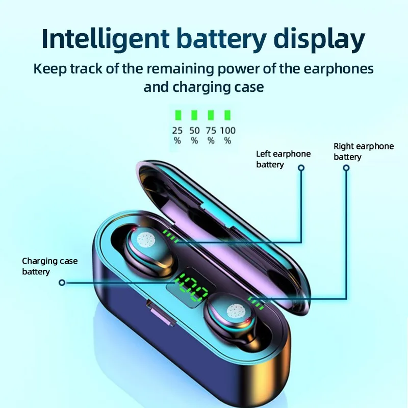 Original AMOI F9 TWS Bluetooth Earphones IPX7 Sport 9D Wireless Headphones Display Earbuds Mic Headset For Iphone Xiaomi Huawei