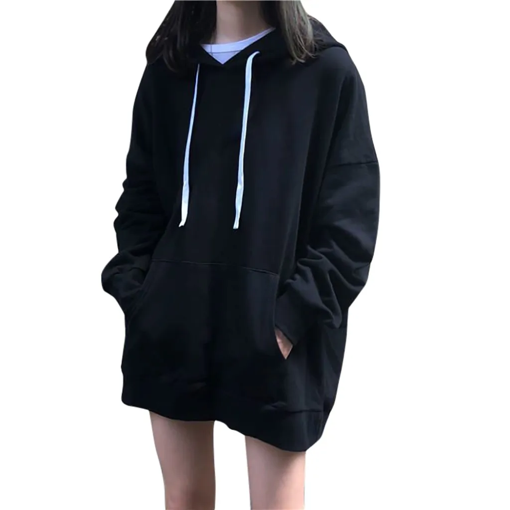 

Women's Solid Color Hoodie Blouse Loose Spring Autumn Pocket Blue Pure Color Women Long Sleeve New Fashion Shirt Top Oversized