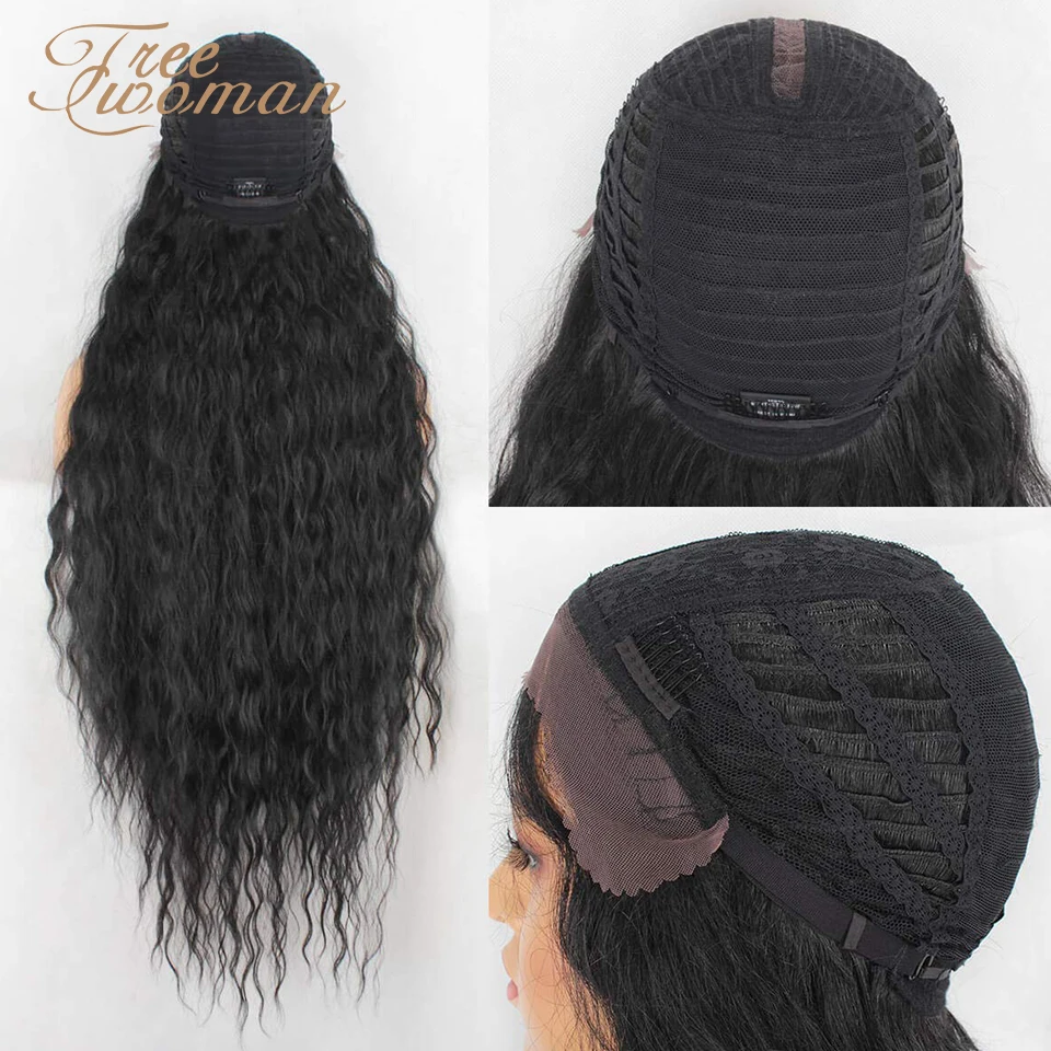 

FREEWOMAN Long Curly Ombre Wigs For Black Women 42inch Synthetic Lace front Wigs Kanekalon Cosplay Wigs Fake Hair Black Brown