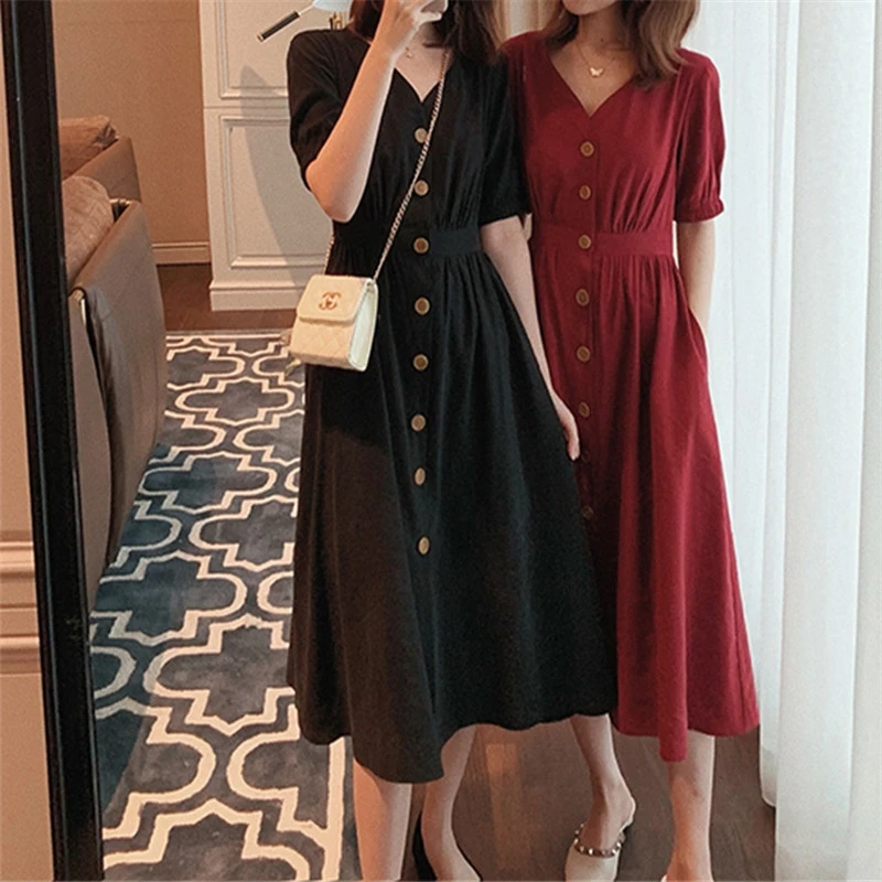 

XL-5XL Plus Size Women French Vintage V-Neck Knee Length Dress Spring 2020 Fashion Short Sleeve Loose Casual Ladies Dresses