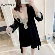 Danvegle Сексуальная осенняя и зимняя Золотая Бархатная ночная рубашка с узором из двух частей с глубоким v-образным вырезом сексуальная ночная рубашка халат костюм