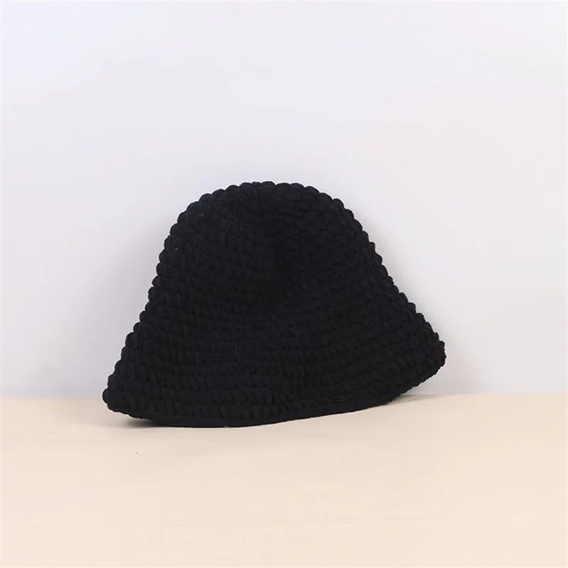 Осенняя и зимняя акриловая одноцветная утолщенная вязаная шапка, зимняя теплая шапка-ведро ручной работы для женщин 128 - Цвет: Черный