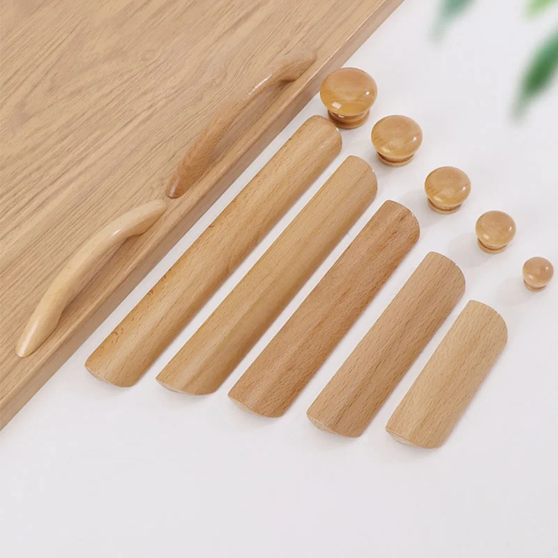 5pcs Natural Solid Wood Handles Kitchen Cupboard Knobs Wardrobe