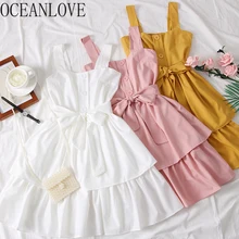 OCEANLOVE Sólida Arco Bandagem Doce Estudante Mulheres Vestido Casual 2020 Primavera Verão Vestidos A Linha de Vestidos de Cintura Alta 14483