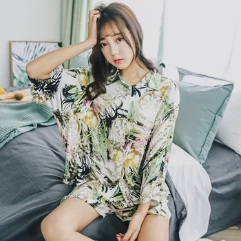 

Summer New Satin Printing Women's Pajamas Comfortable Lapel Floral Pattern Pijama Mujer Long Sleeve Shorts Woman Clothes 2 Piece