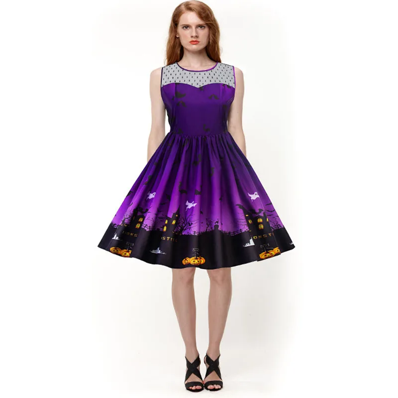 Halloween Pumpkin Bat Festival Tank Swing Dress Patchwork Lady Girls Sleeveless Mesh Lace Insert Cotton Top Plus Size 4XL 5XL