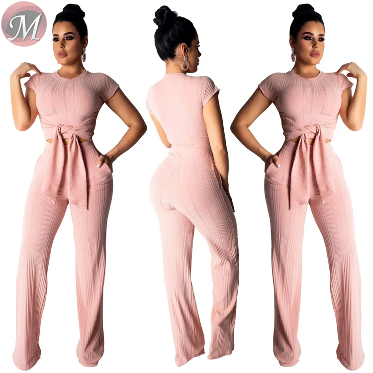 9040123 women fashion casual solid top and wide leg pants two piece set women clothing
