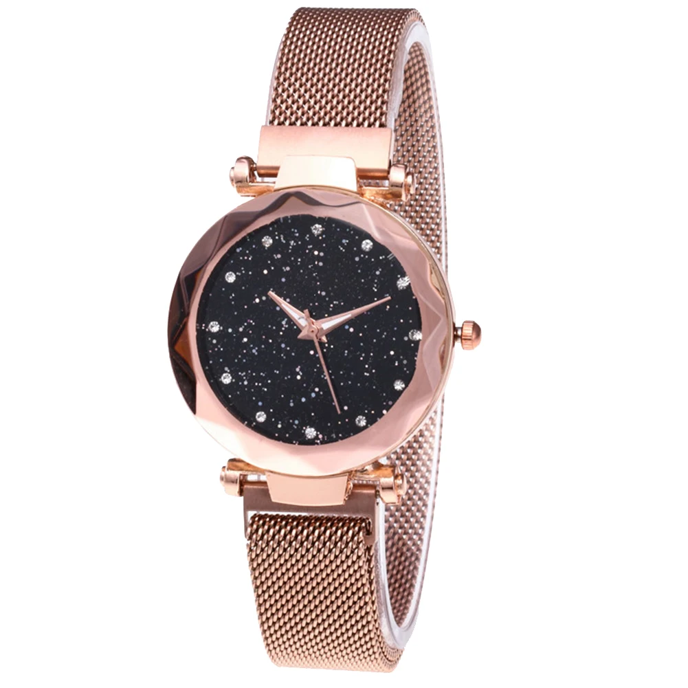 

Star Dial Shiny Casual Electronic Geometric Surface Magnetic Clasp Gifts Mesh Band Women Watch Quartz Movement Battery Powered