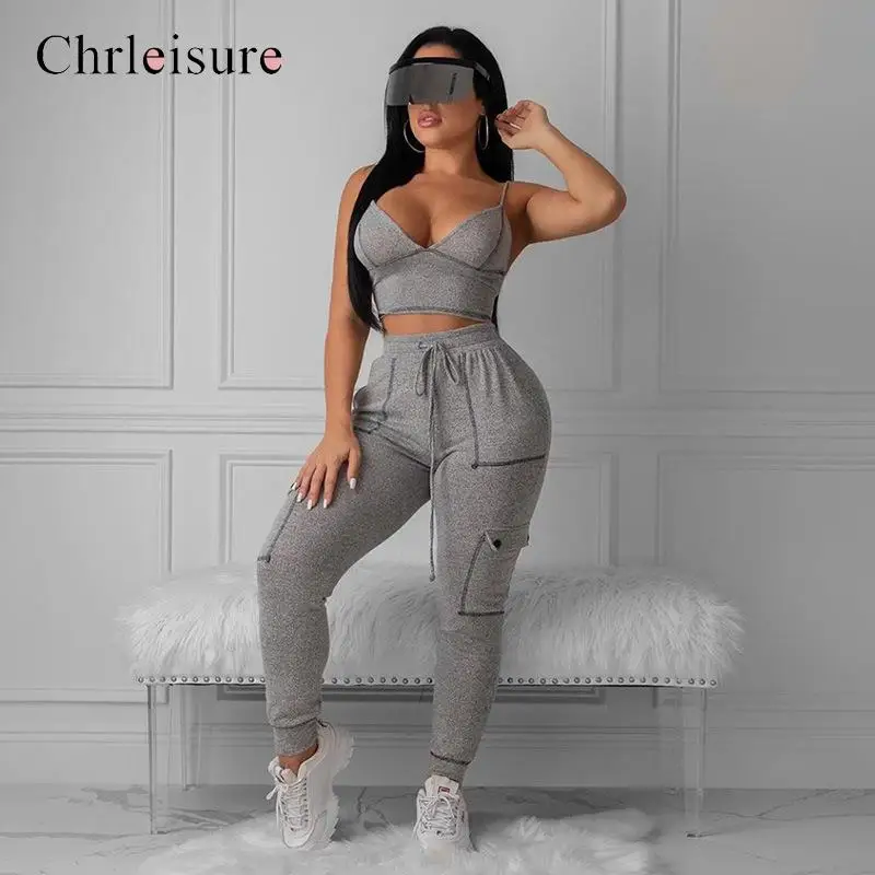 

Women Gray Casual Two Pieces Set High Waist Drawstring Pants And Strap V-neck Crop Top Fitness Tracksuits Women Suit