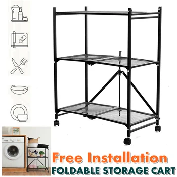 

3 Layer Food Trolley Cart Basket Foldable Kitchen Storage Rack Metal Rolling Wheels Slide Shelf Space Holder Saving Organizer