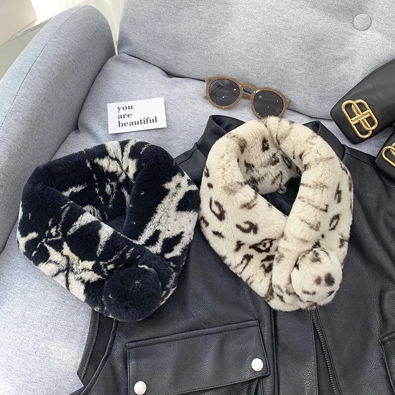 Both side fur leopard printed rabbit fur collar for overcoat, cute little hairy scarf in genuine rabbit fur 60*10cm SS