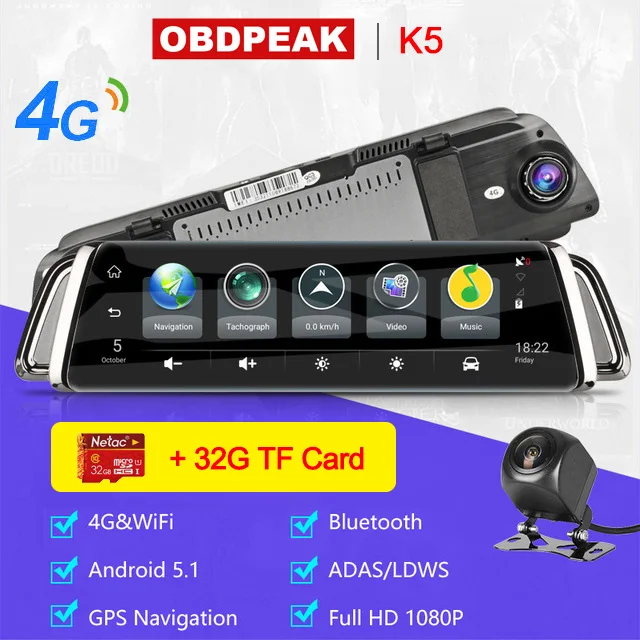 K5 With 32GB Card Смарт зеркало заднего вида 1" дисплей Автомобильный видеорегистратор камера Android Зеркало 1080P WiFi gps навигация регистратор видео регистратор - Название цвета: K5 With 32GB Card