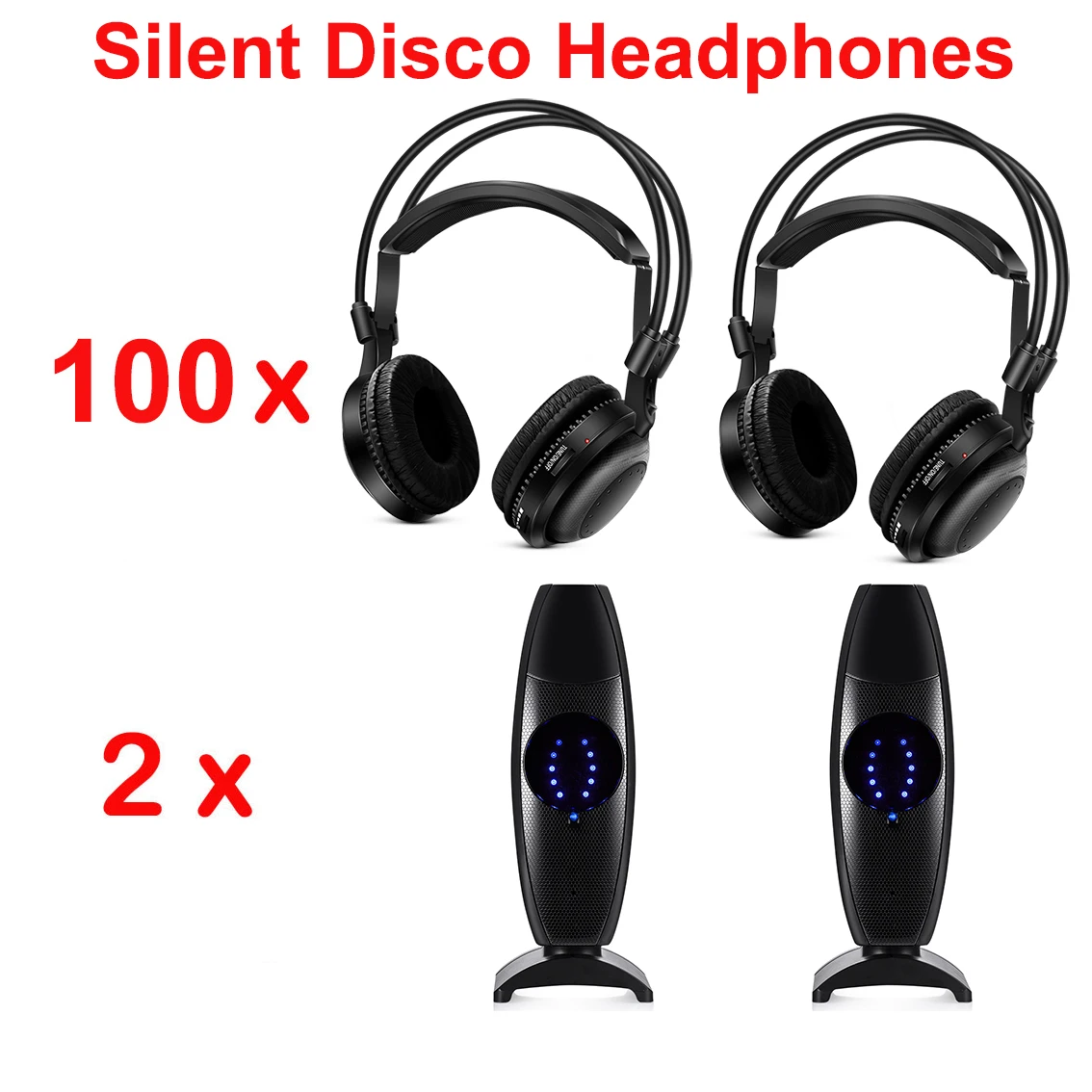 

Professional Silent Disco Compete System Wireless Headphones - Quiet Clubbing Party Bundle (100 Headsets + 2 Transmitters)